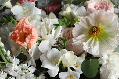 Photo of Bouquet of beautiful flowers as background, closeup