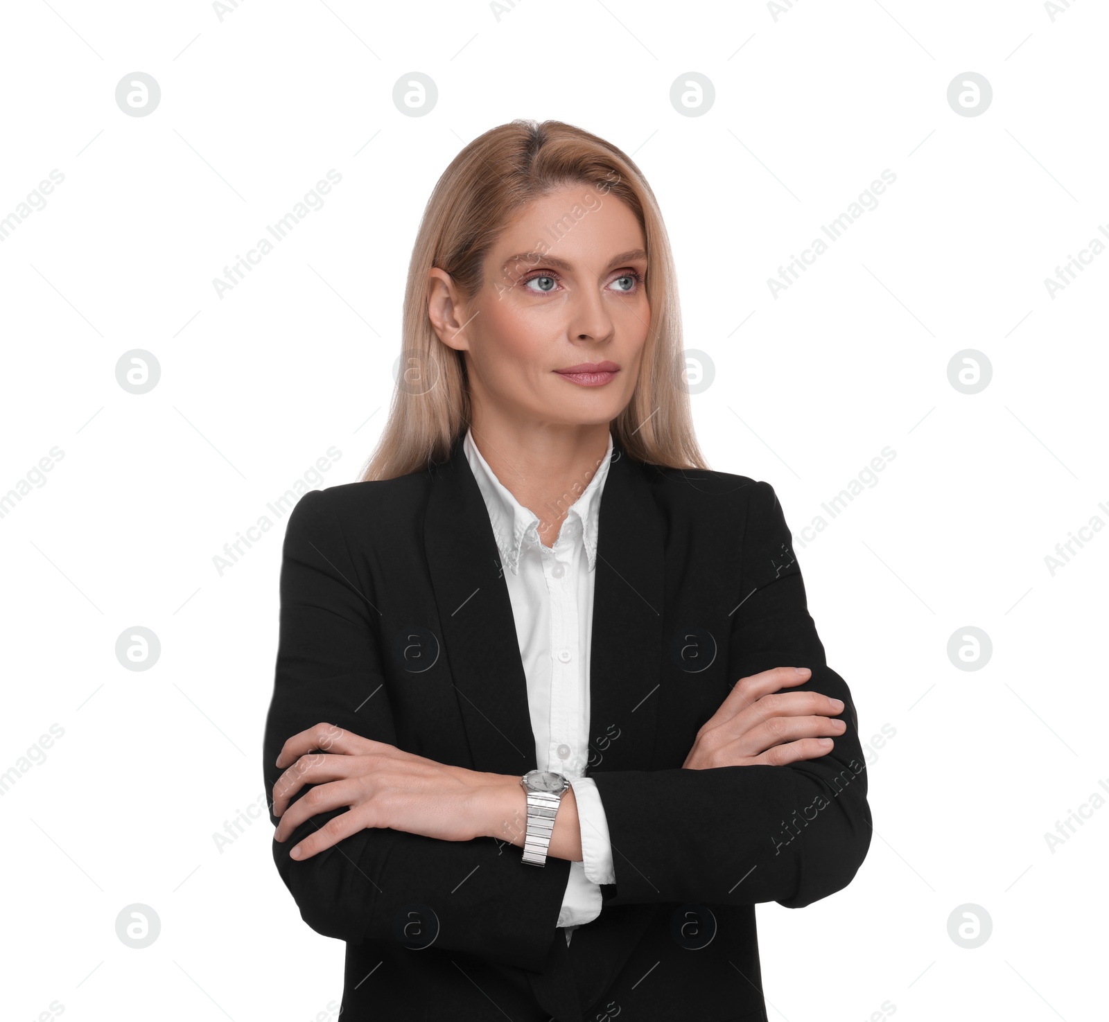 Photo of Portrait of beautiful woman with crossed arms on white background. Lawyer, businesswoman, accountant or manager