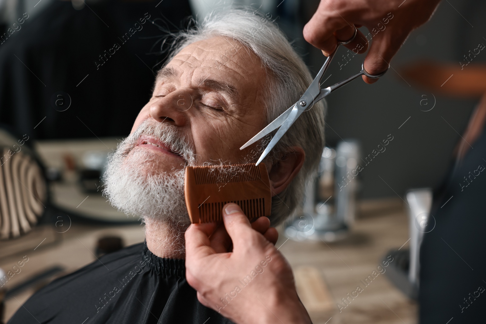 Photo of Professional barber trimming client's beard with scissors in barbershop