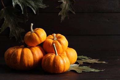 Photo of Thanksgiving day. Beautiful composition with pumpkins on dark wooden table, space for text