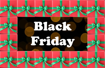 Image of Black Friday. Words and many gift boxes on background