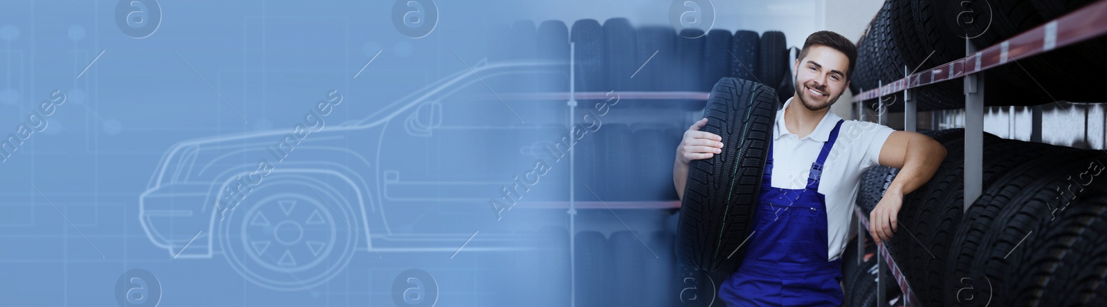 Image of Seller with car tires in auto store and illustration of vehicle on background. Creative banner design