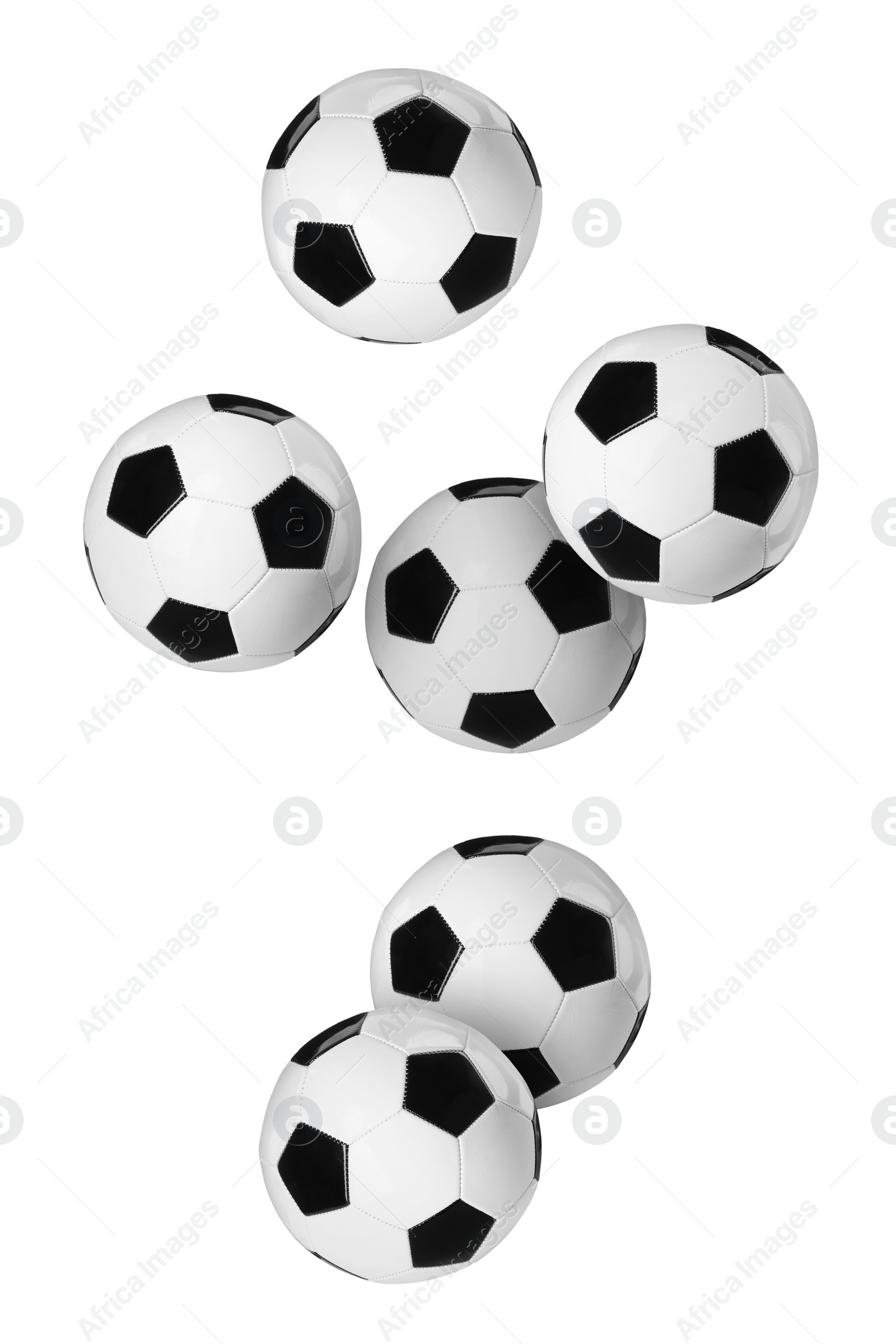 Image of Many soccer balls flying on white background