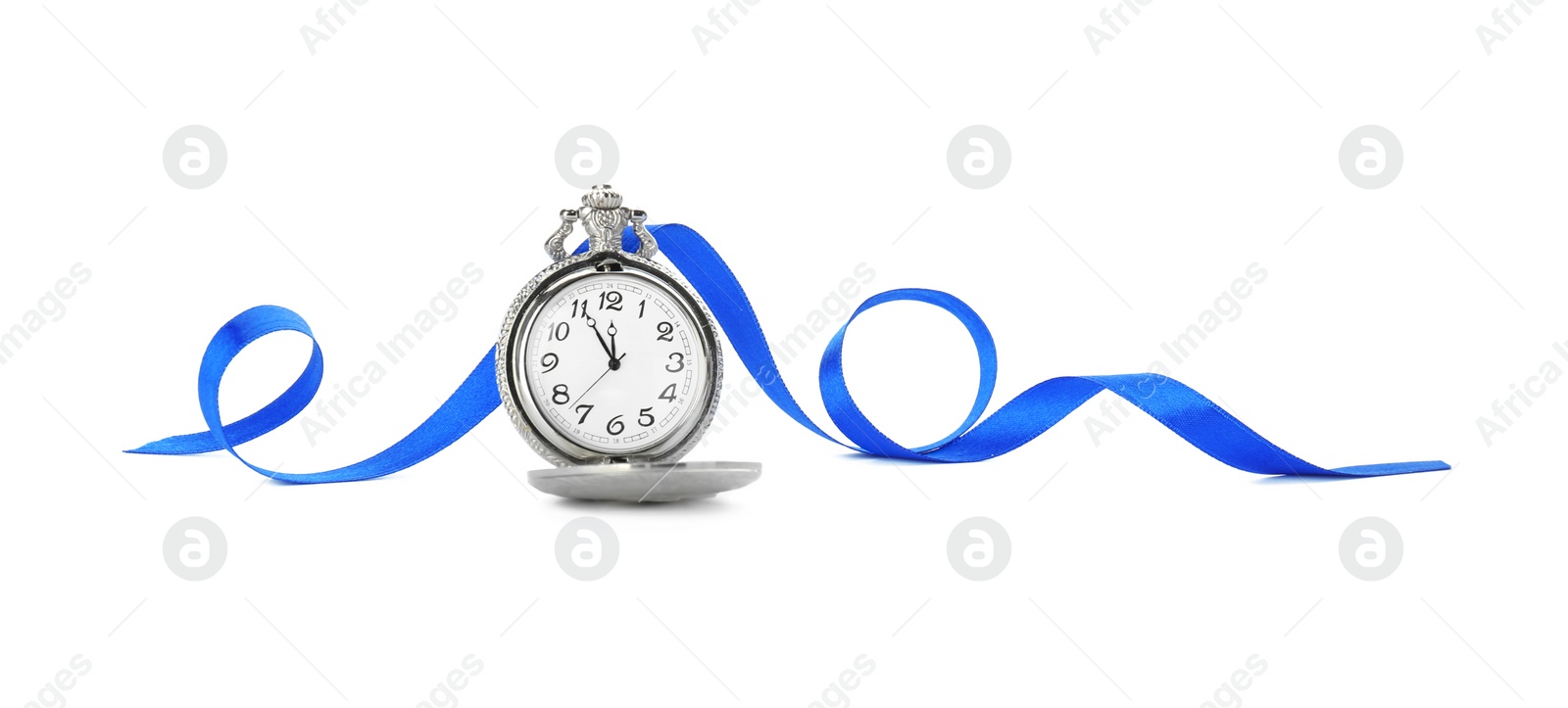 Photo of Vintage clock with ribbon on white background