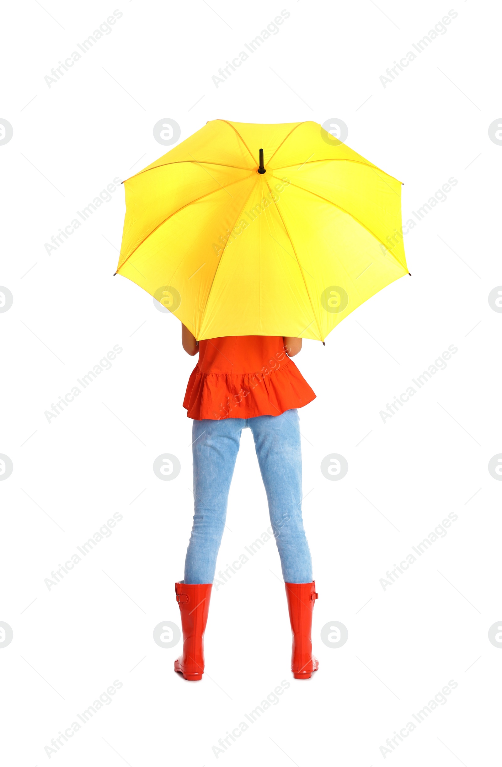 Photo of Woman with yellow umbrella on white background