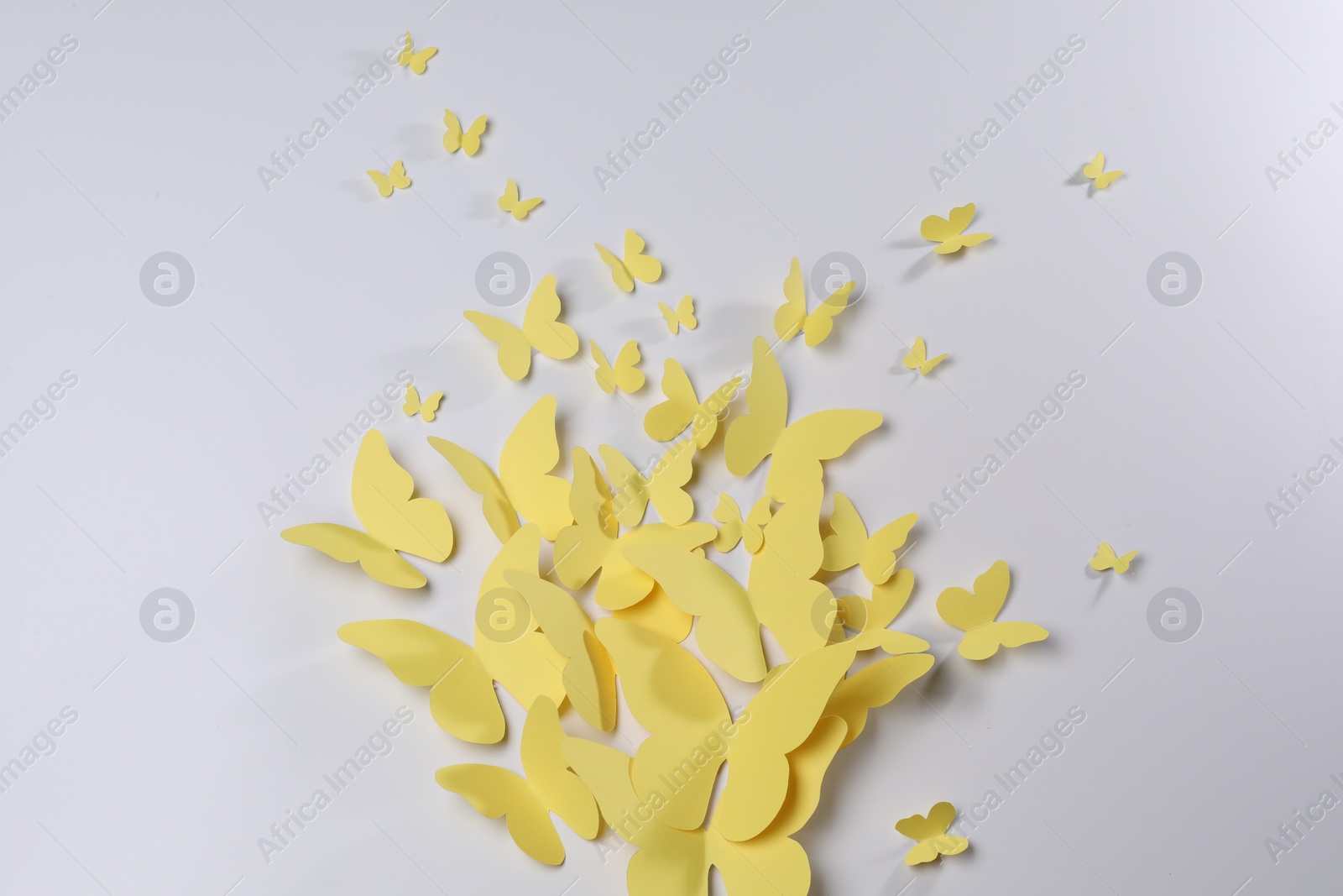 Photo of Yellow paper butterflies on white background, top view