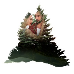 Double exposure of passionate couple and trees on white background