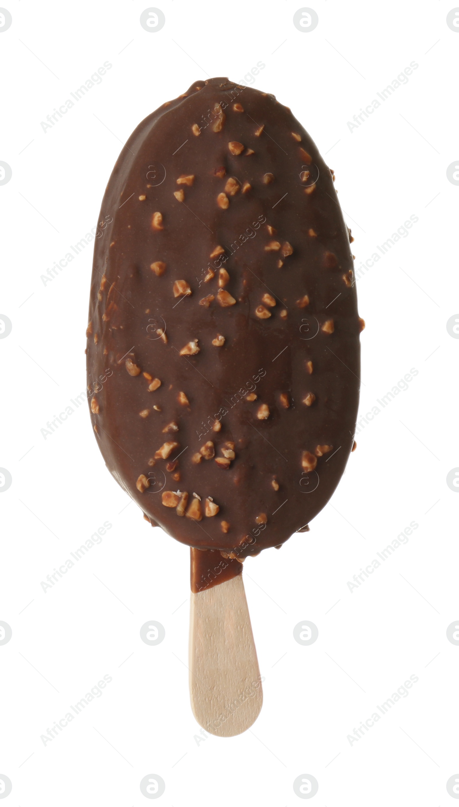 Photo of Woman holding delicious ice cream with chocolate against white background