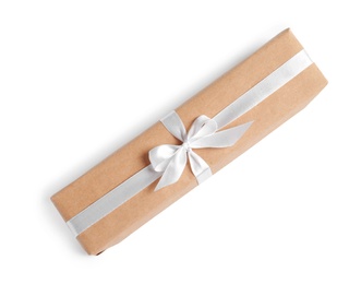 Beautifully wrapped gift box on white background, top view