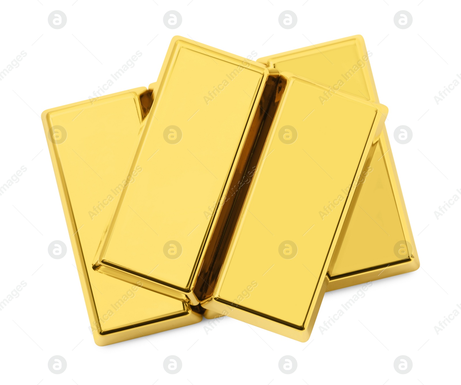 Photo of Many shiny gold bars isolated on white, top view