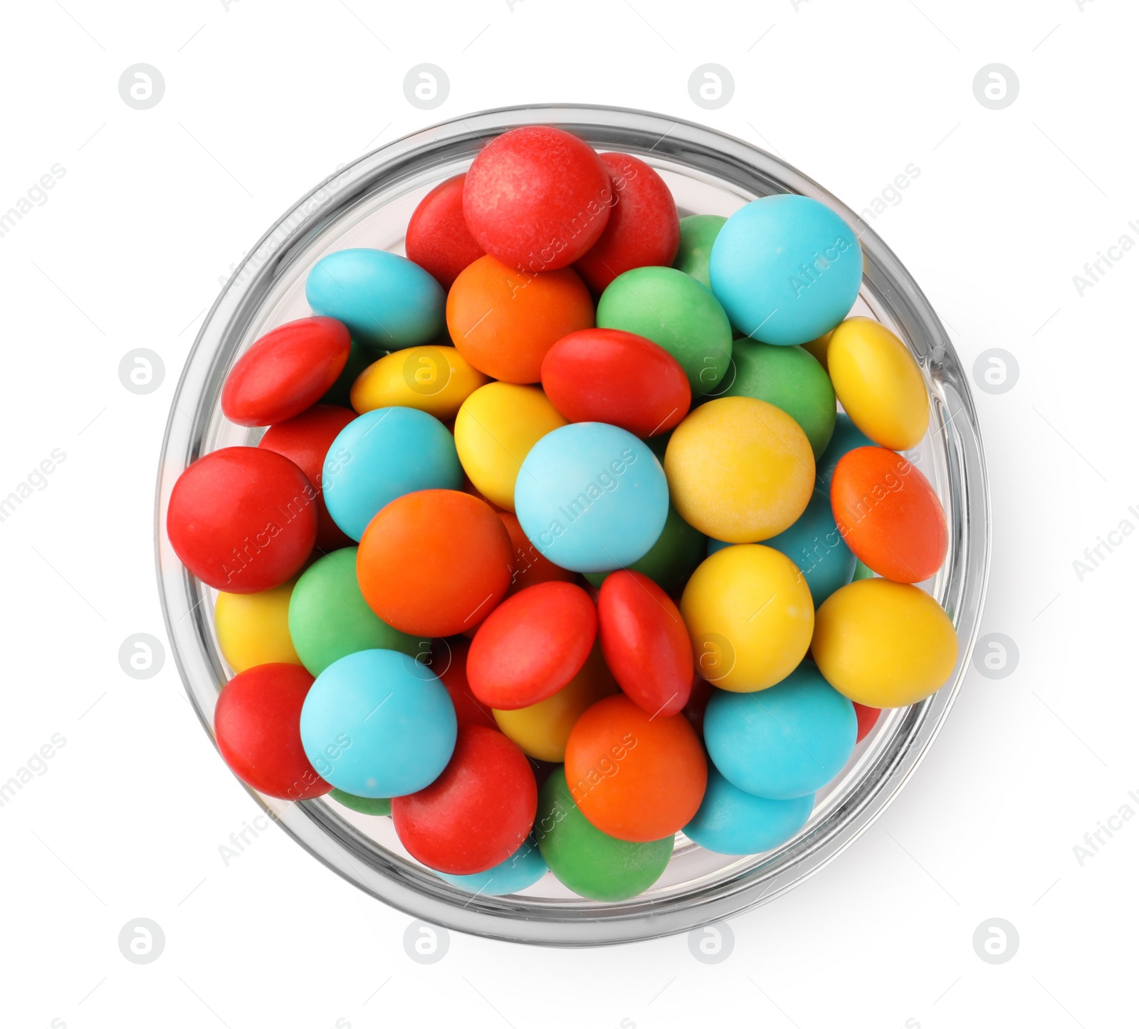 Photo of Bowl with colorful candies isolated on white, top view