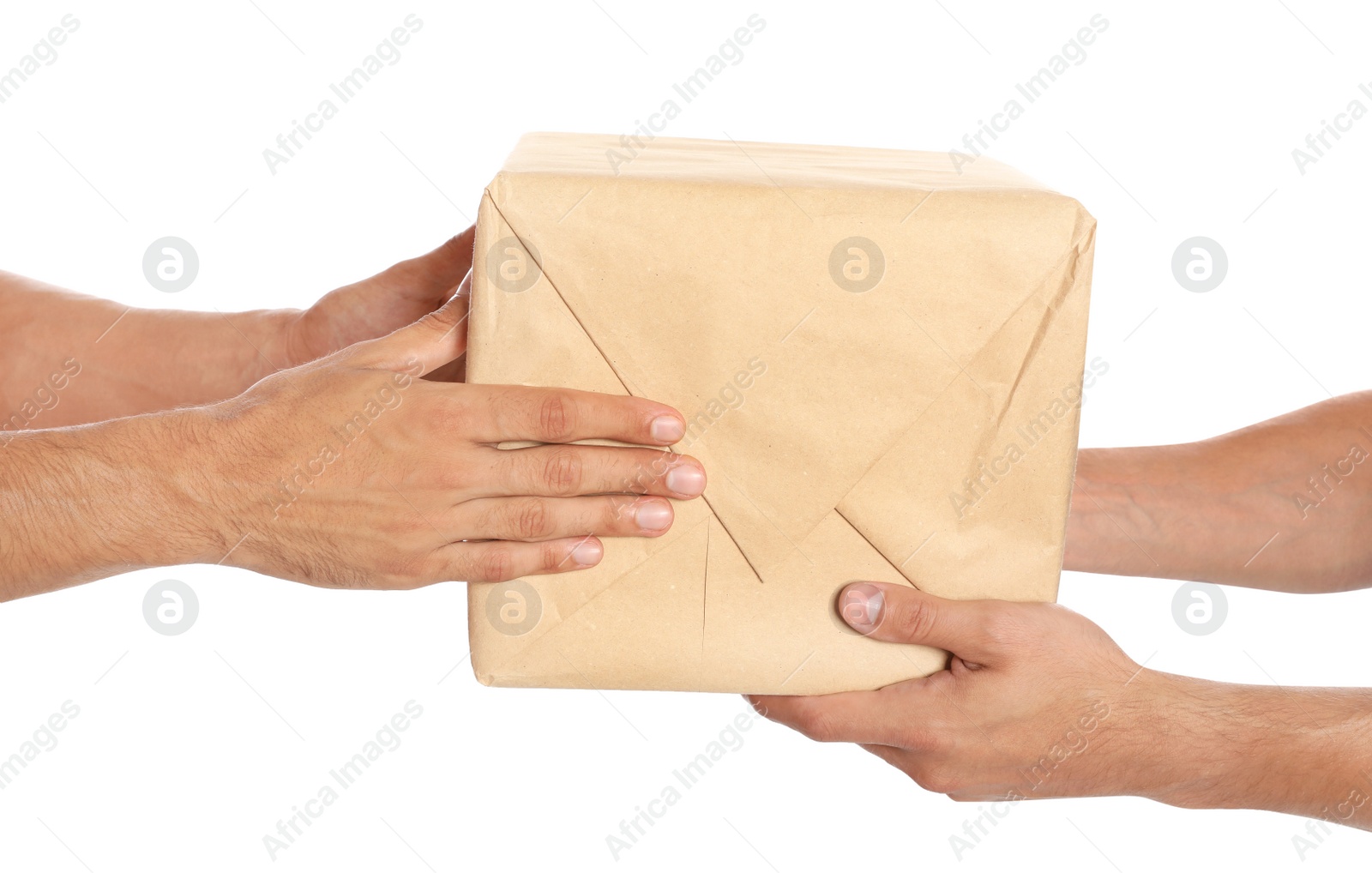 Photo of Courier giving parcel to client on white background, closeup