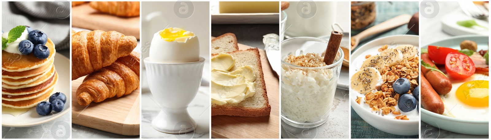 Image of Assortment of tasty breakfasts. Collage with different meals