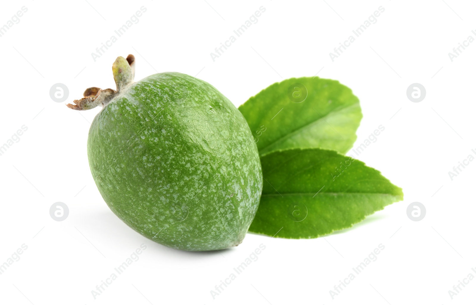 Photo of Delicious feijoa with leaves on white background