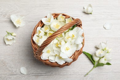 Beautiful jasmine flowers in wicker basket on white wooden table, flat lay