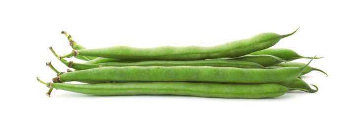 Photo of Delicious fresh green beans on white background