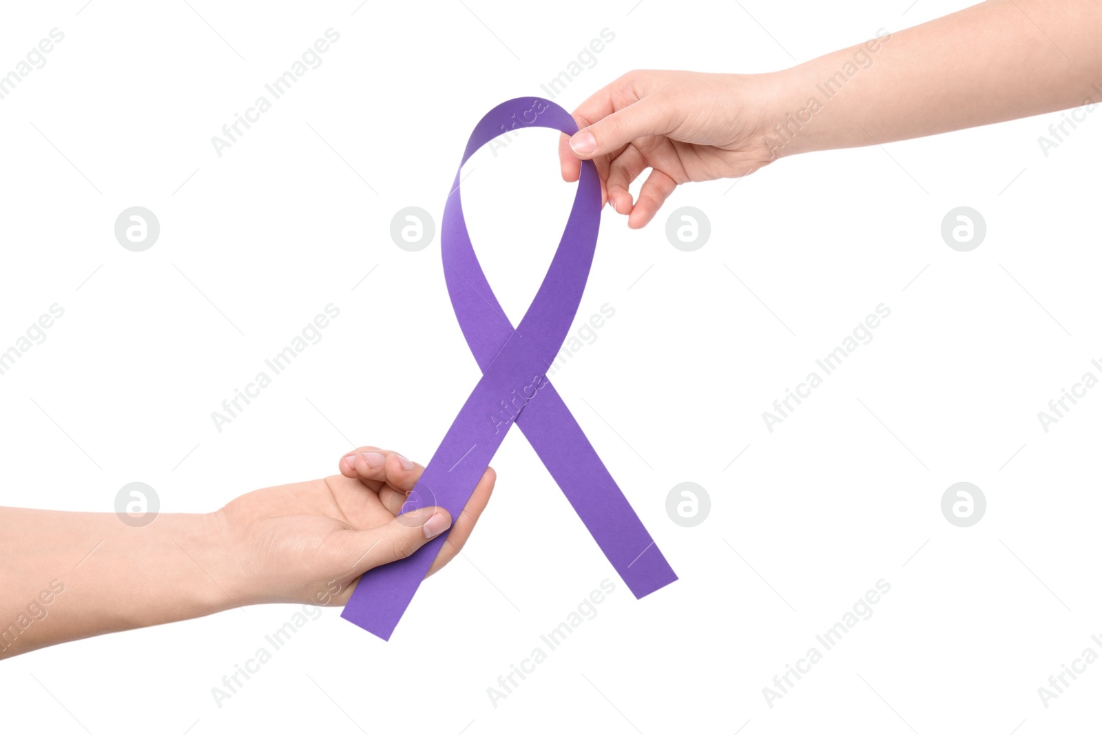 Photo of Man and woman holding purple awareness ribbon isolated on white, top view