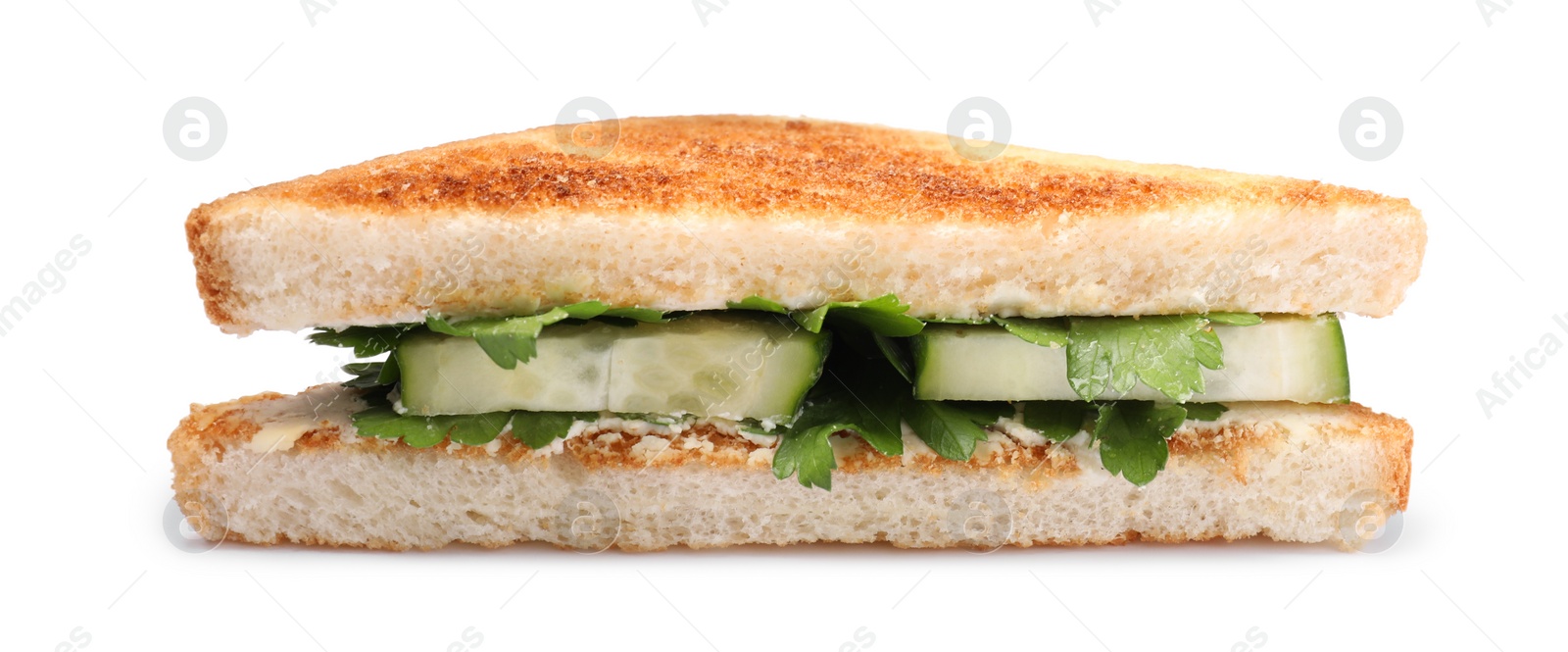 Photo of Tasty sandwich with cucumber and parsley on white background