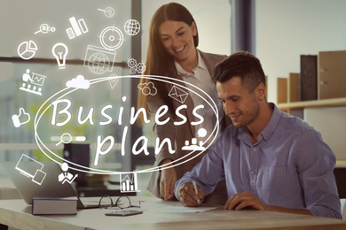 Image of Business plan. Virtual screen with different icons and people working in office