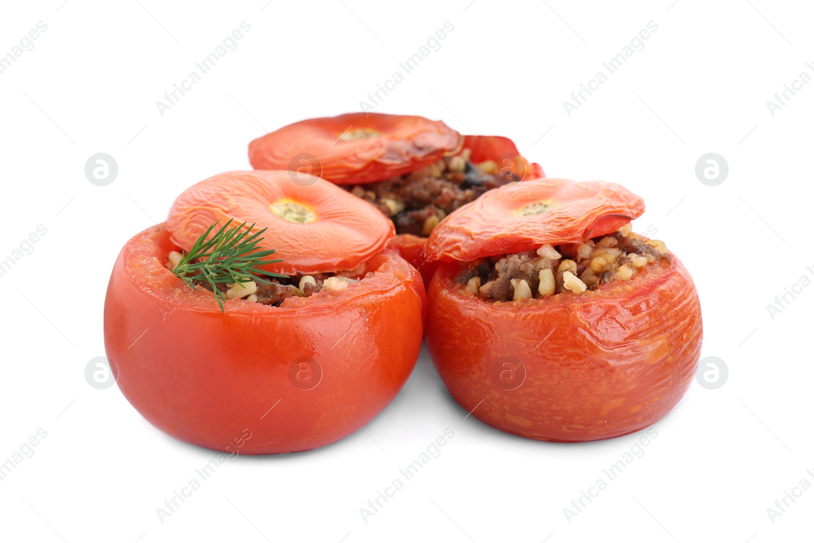 Photo of Delicious stuffed tomatoes with minced beef, bulgur and mushrooms on white background