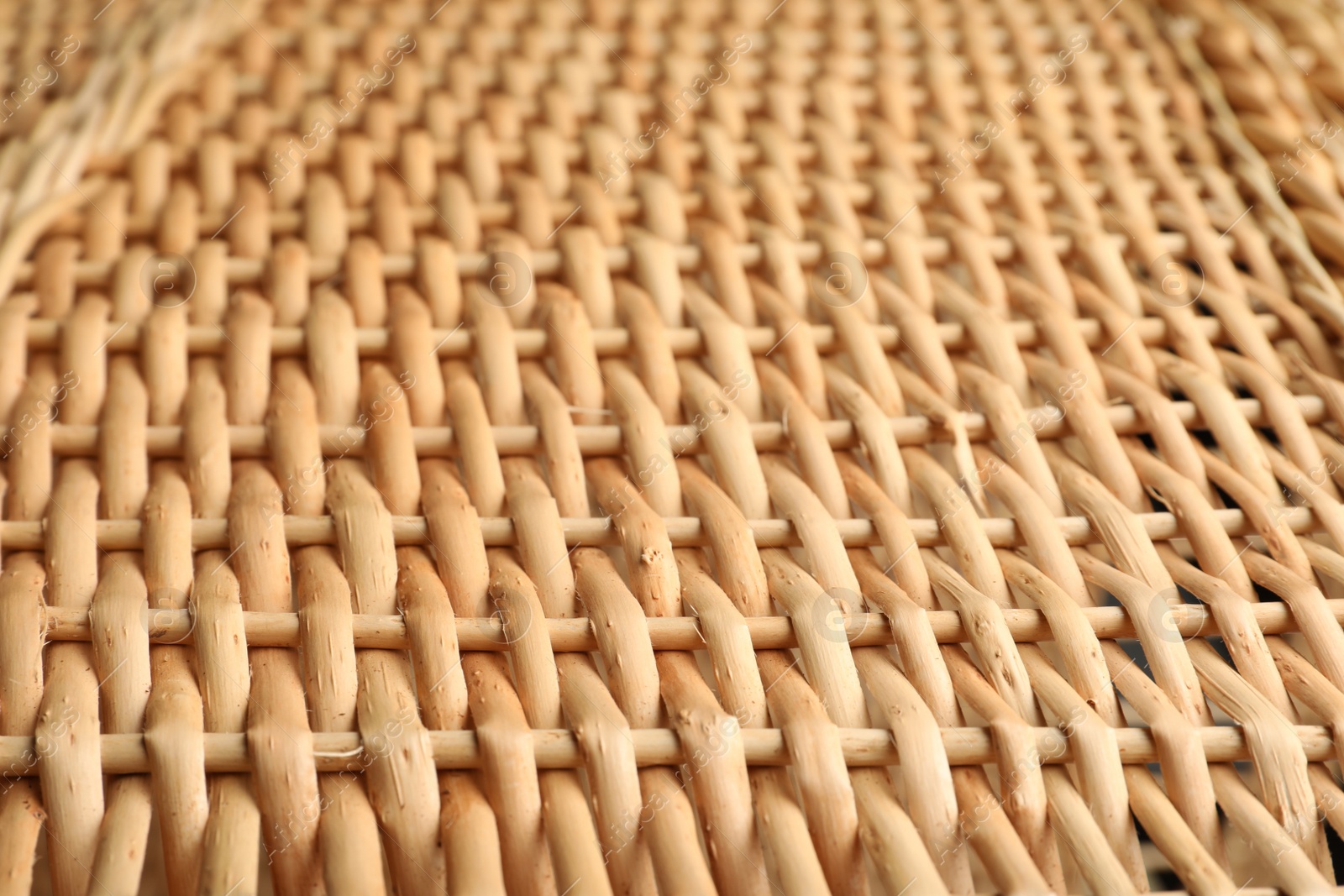 Photo of Handmade wicker basket made of natural material as background, closeup view