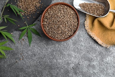 Photo of Flat lay composition with hemp seeds on grey table, space for text