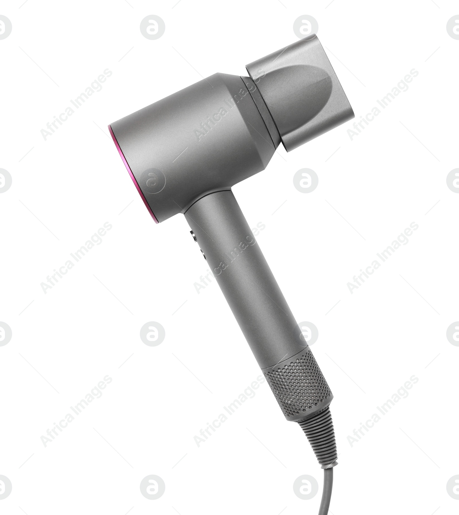 Photo of Modern hair dryer on white background, top view