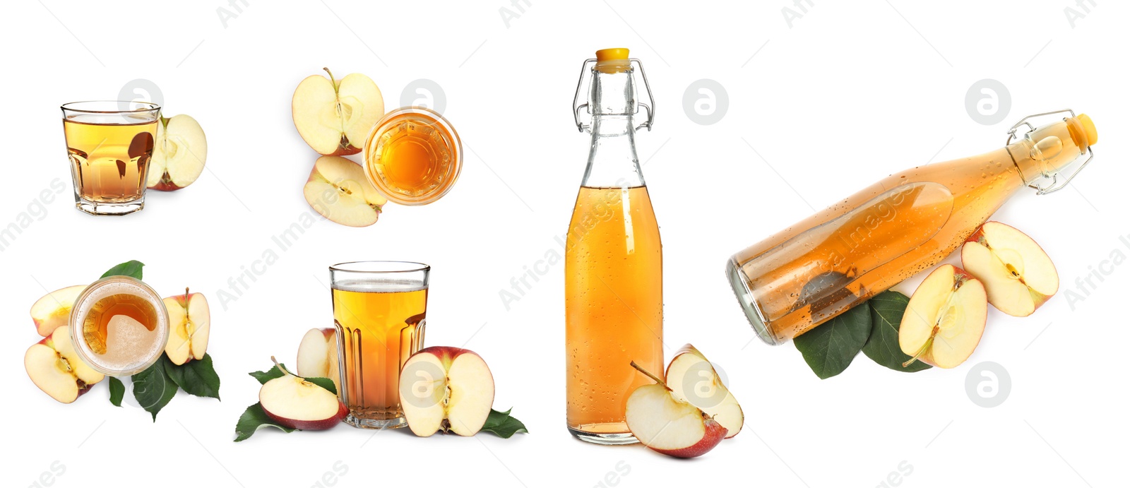 Image of Set with tasty apple cider and fresh fruits isolated on white