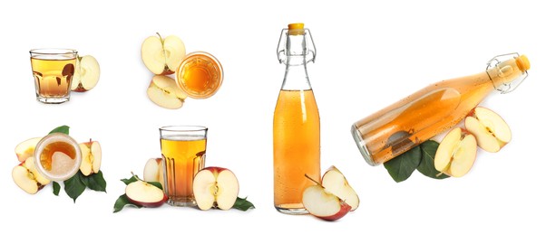 Image of Set with tasty apple cider and fresh fruits isolated on white