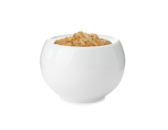 Ceramic bowl with brown sugar isolated on white