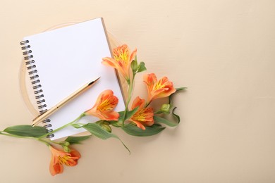 Photo of Guest list. Notebook, pen and beautiful flowers on beige background, top view. Space for text