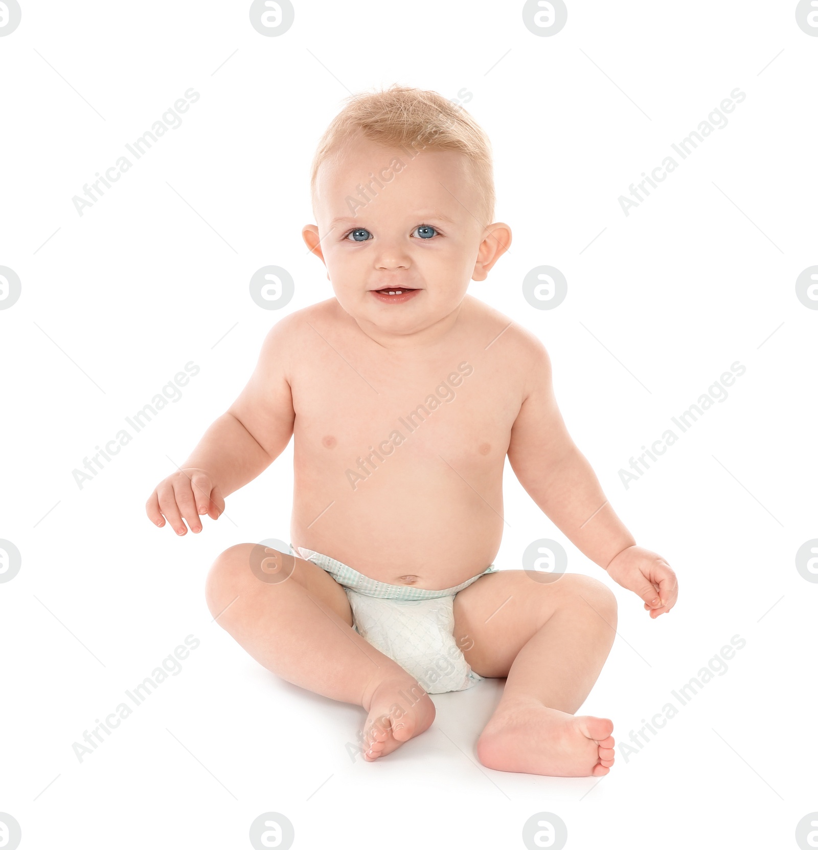 Photo of Cute little baby on white background. Crawling time