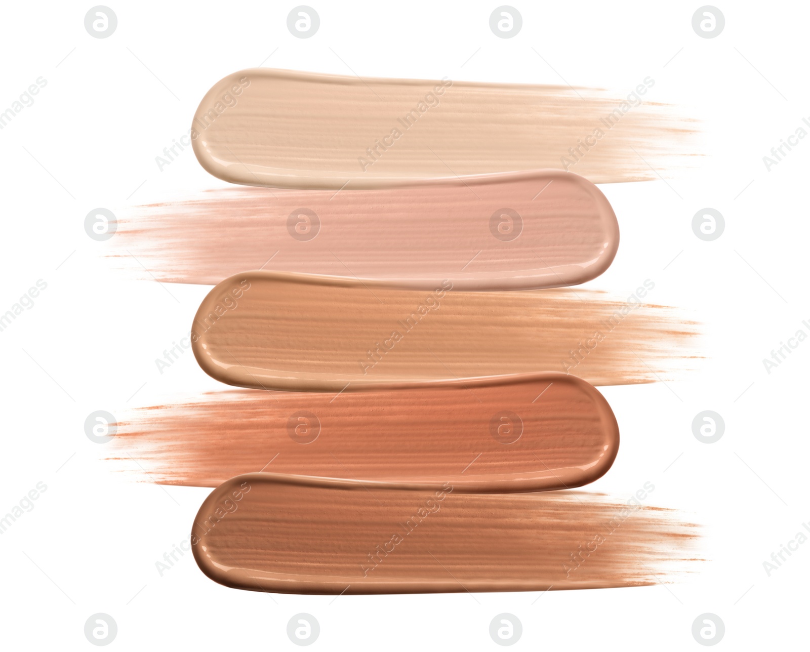 Image of Different shades of liquid skin foundation on white background, top view