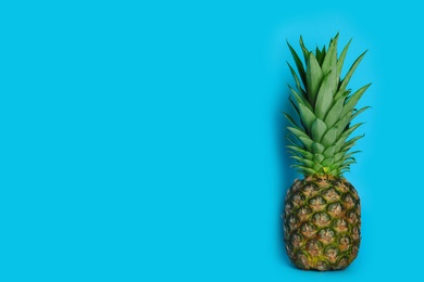 Photo of Ripe juicy pineapple on light blue background. Space for text