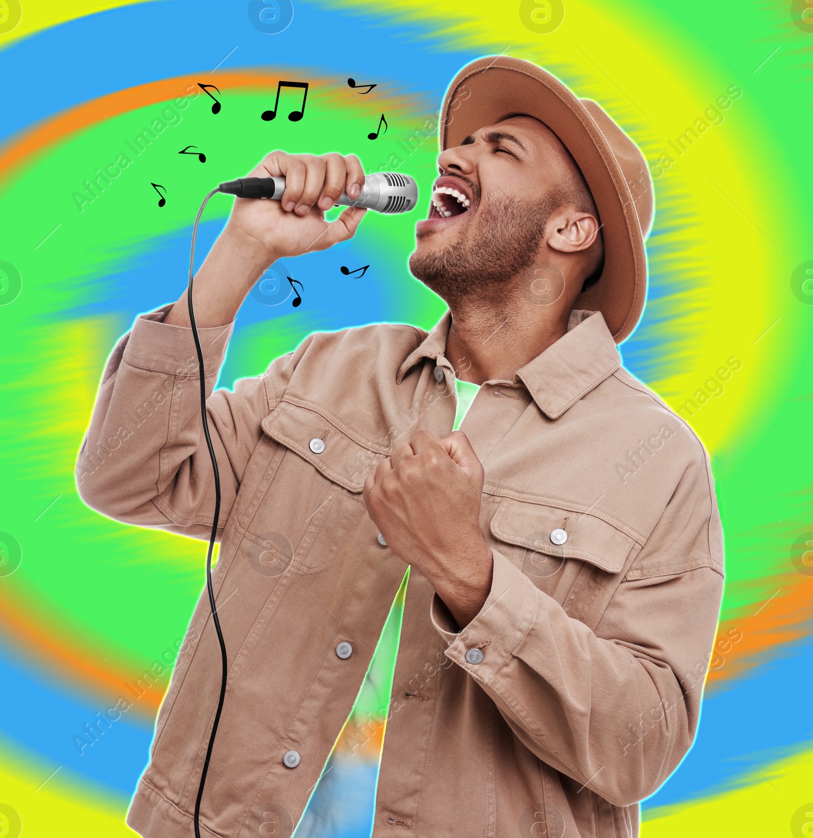 Image of Singer's performance poster. Man with microphone on bright background