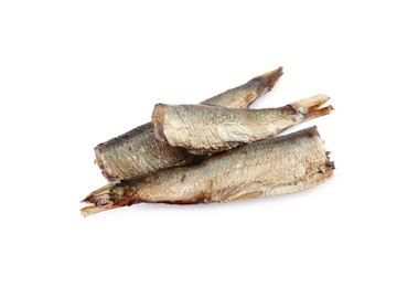 Photo of Tasty canned sprats isolated on white, top view