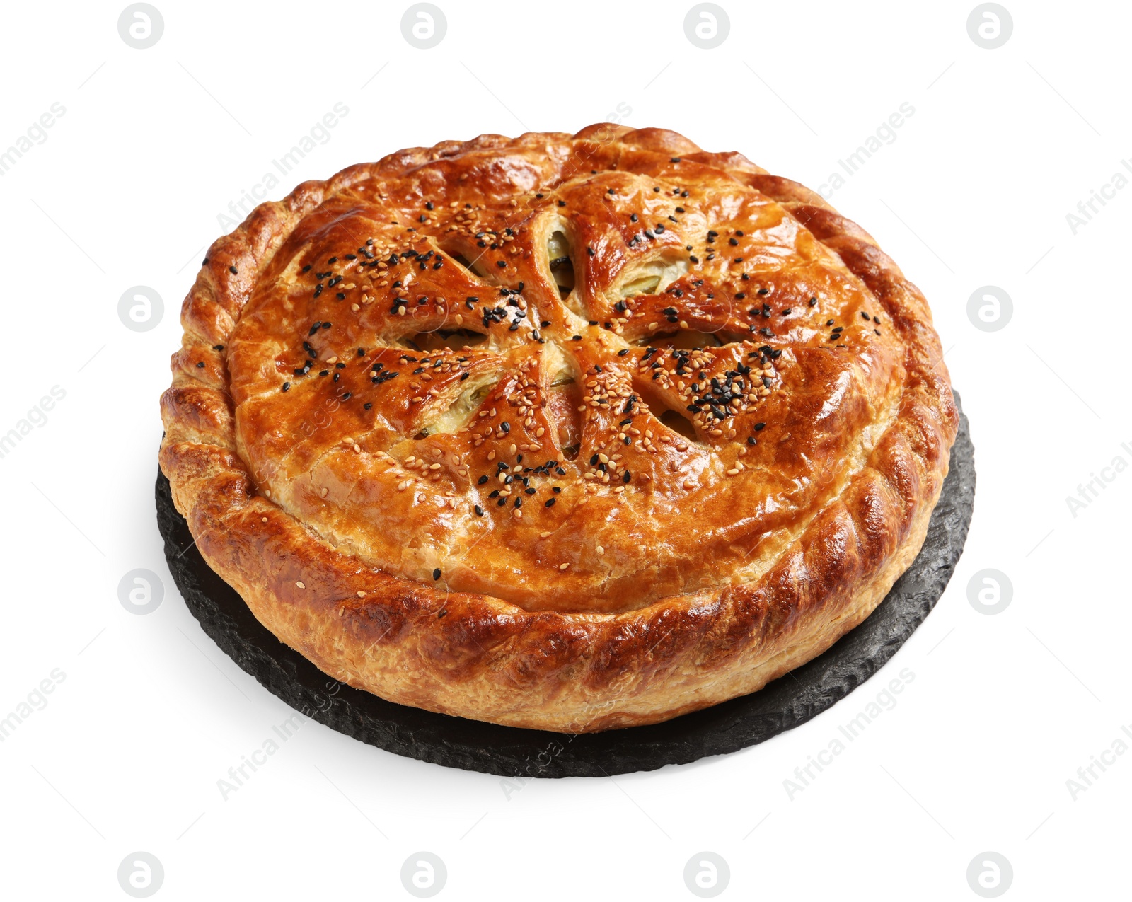 Photo of Tasty homemade pie with filling isolated on white