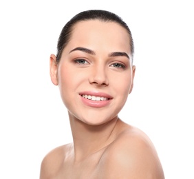 Photo of Portrait of young woman with beautiful face and natural makeup on white background