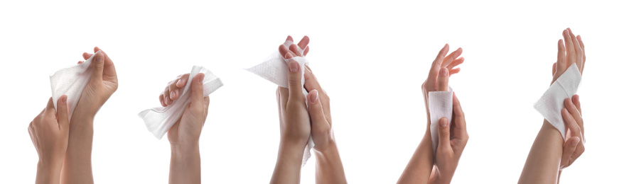 Image of Closeup view of people cleaning hands with wet wipes on white background, collage. Banner design
