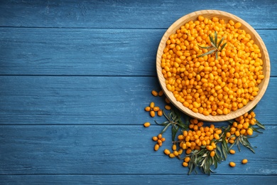 Photo of Ripe sea buckthorn berries on blue wooden table, flat lay. Space for text