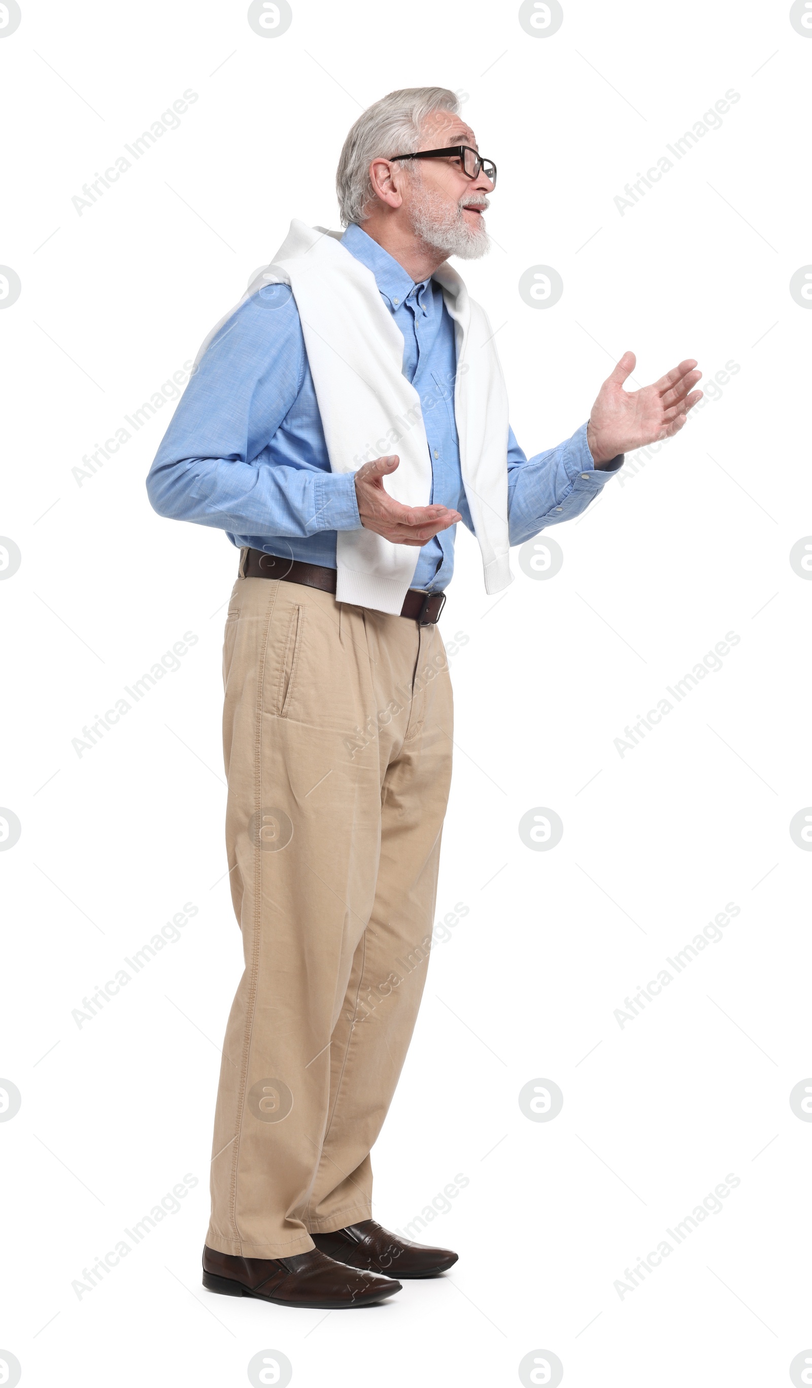 Photo of Senior man greeting someone on white background