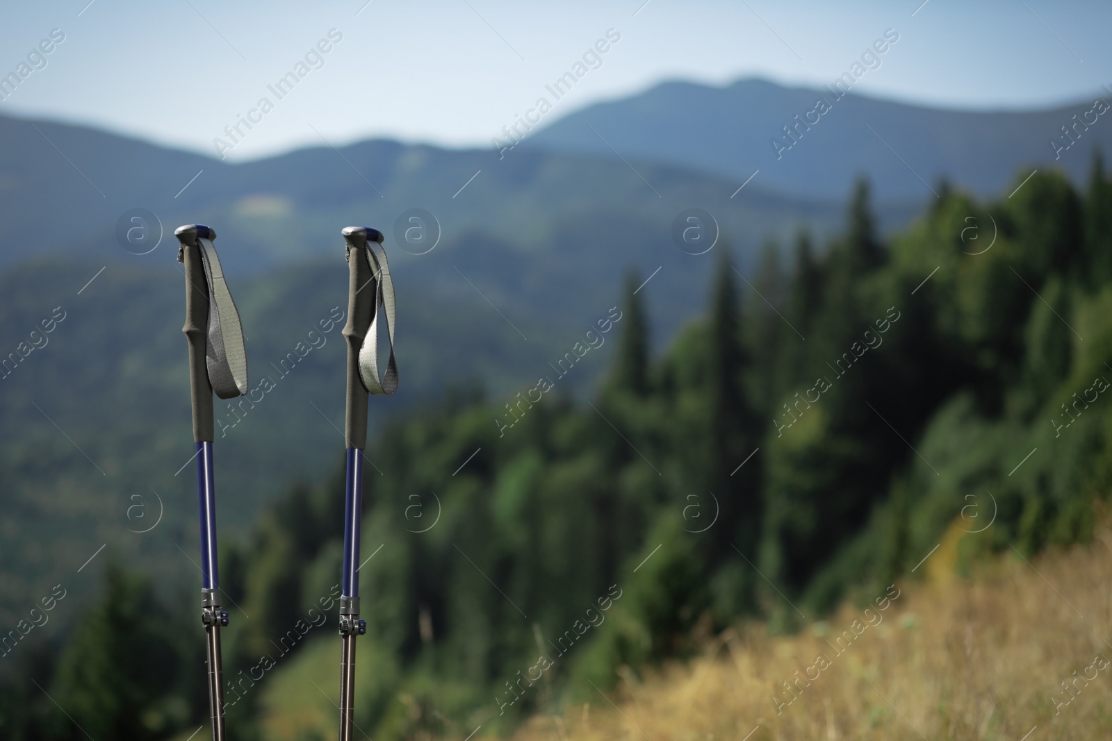 Photo of Trekking poles in mountains, space for text. Hiking accessory