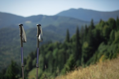 Trekking poles in mountains, space for text. Hiking accessory