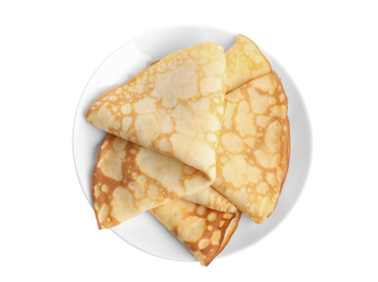 Photo of Folded fresh thin pancakes isolated on white, top view