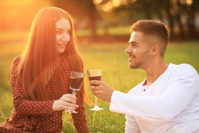 Happy young couple with wine having picnic in park