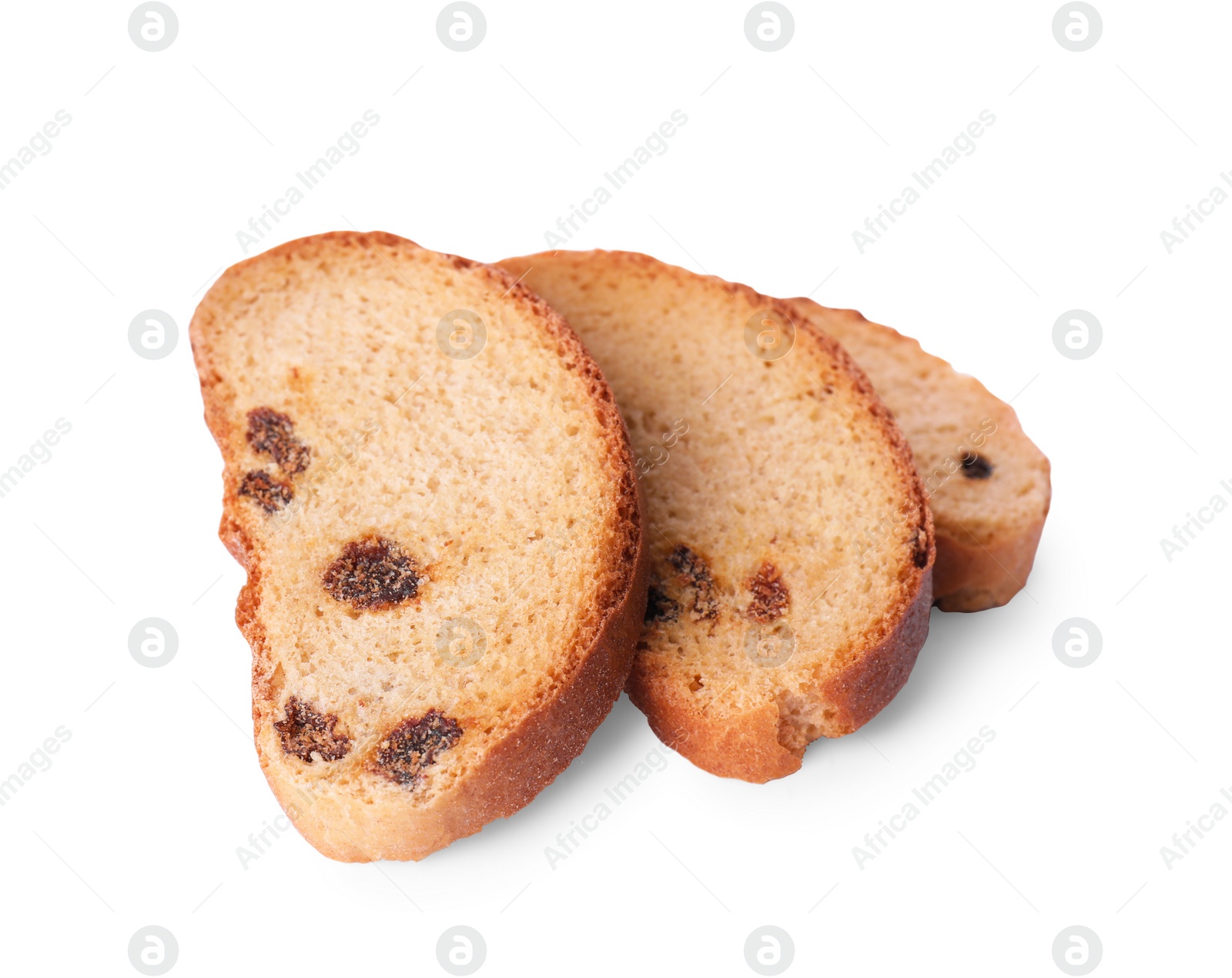 Photo of Sweet hard chuck crackers with raisins on white background