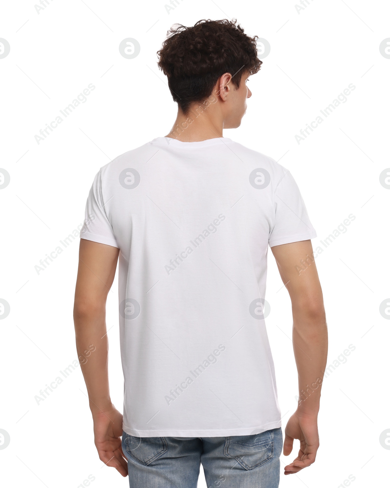 Photo of Man wearing stylish t-shirt on white background, back view. Mockup for design