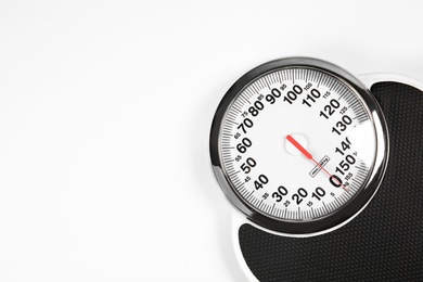 Photo of Modern scales on white background, top view