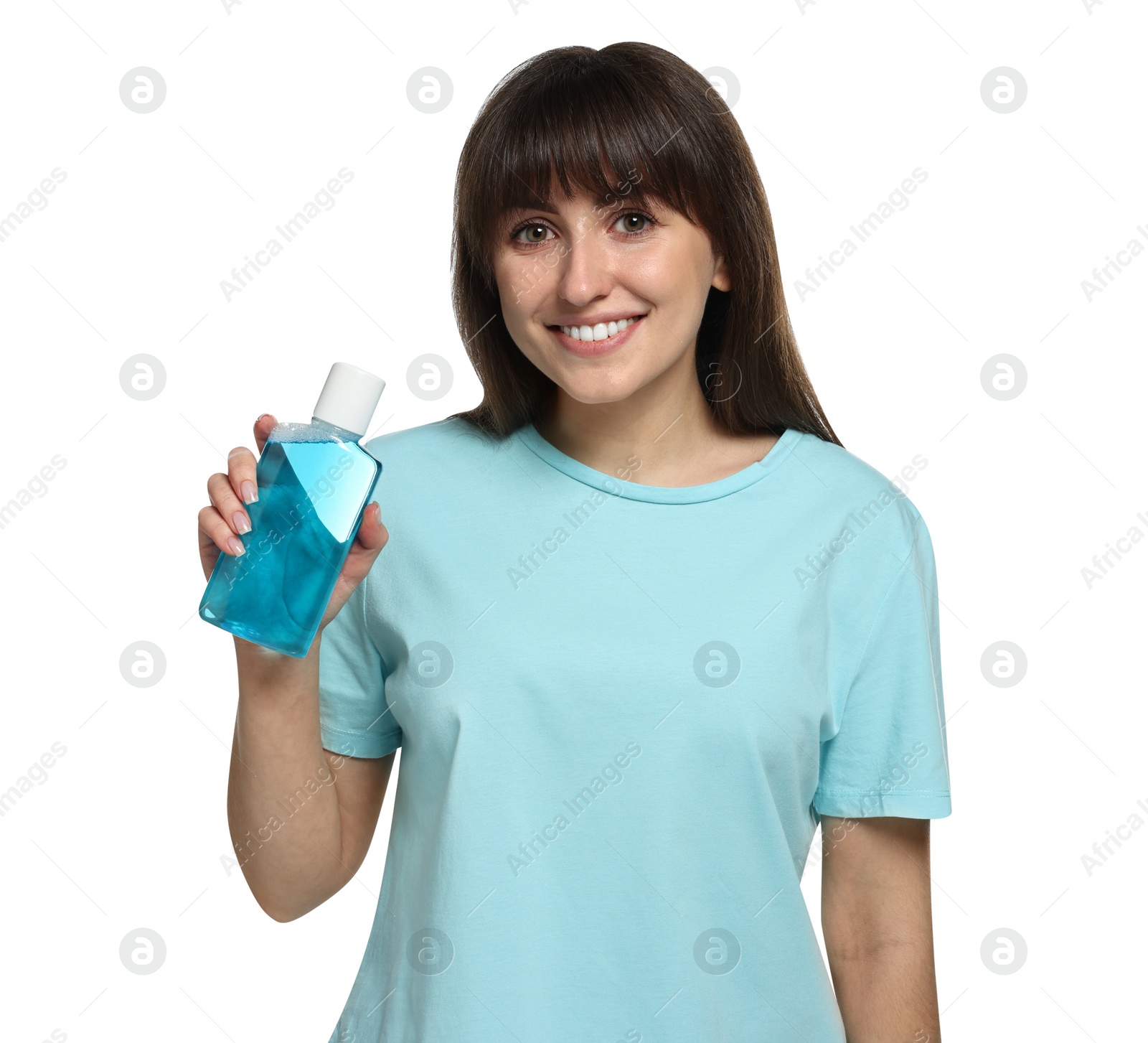 Photo of Young woman with mouthwash on white background