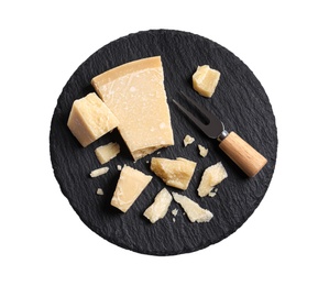 Photo of Parmesan cheese with fork and slate plate on white background, top view